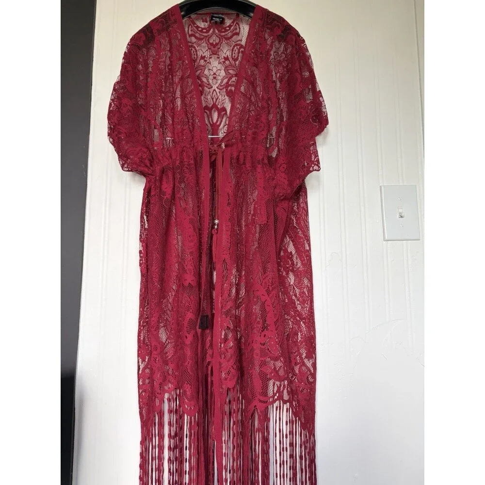 Crimson Red Sheer Lace Kimono Robe / Duster Cover Up